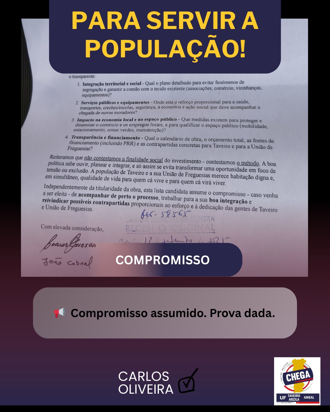 Carta entregue à Câmara Municipal com carimbo oficial